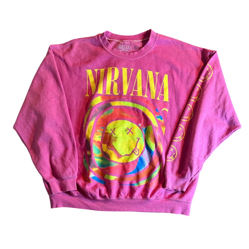 Nirvana Smiley Face Graphic Sweatshirt Womens S/M Pink Tie Dye Grunge Crewneck
